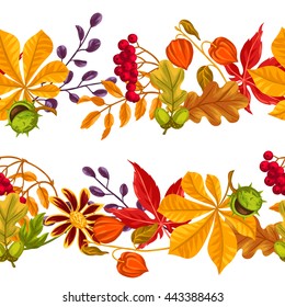 Seamless borders with autumn leaves and plants. Background easy to use for backdrop, textile, wrapping paper.