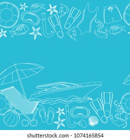Seamless borders of beach summer holidays accessories, cartoon illustration. Vector