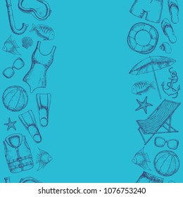 Seamless borders of beach summer holidays accessories, sketch cartoon illustration. Vector