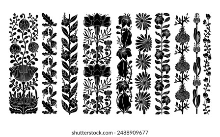 Seamless borders, black symmetry flower composition isolated on white 