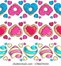 Bordes y pinceles sin inconveniente de corazón en forma de donut, caramelos y galletas con corazones adicionales. Coloridas ilustraciones vectoriales para el Día de San Valentín, fiesta de cumpleaños, boda, festivales de comida y otros diseños.
