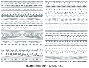 Seamless borders, brushes. Vector patterns, ornaments, icons, symbols, decorative design elements.