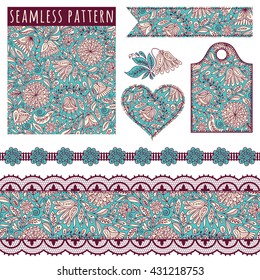 Seamless borders, elements for decor, seamless floral pattern. Set of templates and elements.