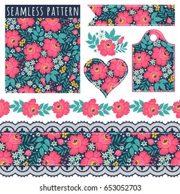 Seamless borders, elements for decor, seamless floral pattern. Set of templates and elements.