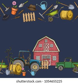 Seamless borders of farming equipment icons. Farming tools and agricultural machines decoration, sketch illustration. Vector