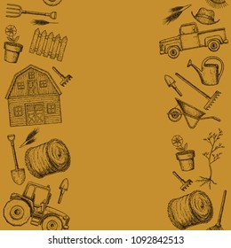 Seamless borders of farming equipment icons. Farming tools and agricultural machines decoration, sketch illustration. Vector