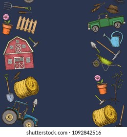 Seamless borders of farming equipment icons. Farming tools and agricultural machines decoration, sketch illustration. Vector