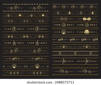 seamless borders with fishes and seashells - vector golden set on black