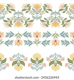 Seamless borders with floral patterns in folk style. Vector illustration