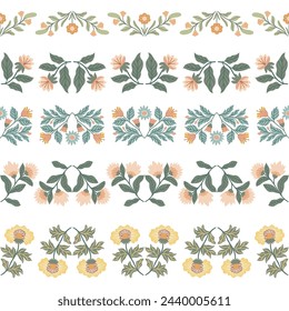 Seamless borders with floral patterns in folk style. Vector illustration