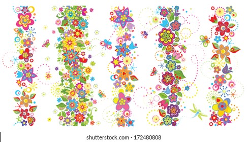 Seamless borders with funny colorful flowers