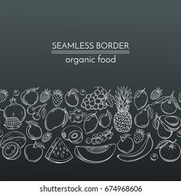 Seamless borders with hand drawn fruits for farmers market menu design. White on black. Vector vintage illustration.