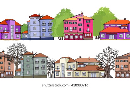 Seamless borders - historical cityscape: bright summer and dark autumn versions. Old buildings street with trees, european architecture. Color vector design.