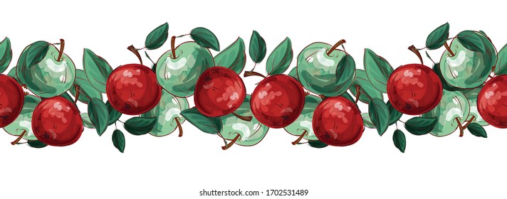 Seamless borders made of green and red apples. Bright, juicy, tasty fruits. Background for eco products, textiles, fabrics, paper. Vector illustration with emulation of watercolor effect.