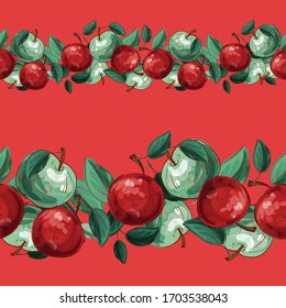 Seamless borders made of green and red apples. Bright, juicy, tasty fruits. Background for eco products, textiles, fabrics, paper. Vector illustration with emulation of watercolor effect.