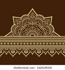 Seamless borders with mandala for design, application of henna, Mehndi and tattoo. Decorative pattern in ethnic oriental, Indian style. Doodle ornament. Outline hand draw vector illustration.