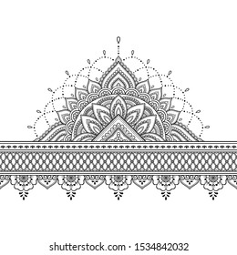 Seamless borders with mandala for design, application of henna, Mehndi and tattoo. Decorative pattern in ethnic oriental, Indian style. Doodle ornament. Outline hand draw vector illustration.