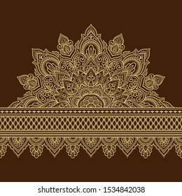 Seamless borders with mandala for design, application of henna, Mehndi and tattoo. Decorative pattern in ethnic oriental, Indian style. Doodle ornament. Outline hand draw vector illustration.