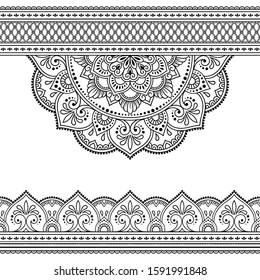 Seamless borders with mandala for design, application of henna, Mehndi and tattoo. Decorative pattern in ethnic oriental, Indian style. Doodle ornament. Outline hand draw vector illustration.