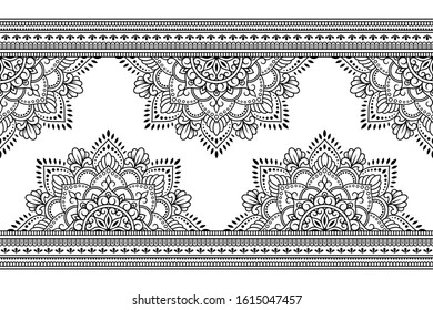 Seamless borders with mandala for design, application of henna, Mehndi and tattoo. Decorative pattern in ethnic oriental, Indian style. Doodle ornament. Outline hand draw vector illustration.