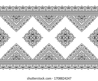 Seamless borders with mandala for design, application of henna, Mehndi and tattoo. Decorative pattern in ethnic oriental, Indian style. Doodle ornament. Outline hand draw vector illustration.