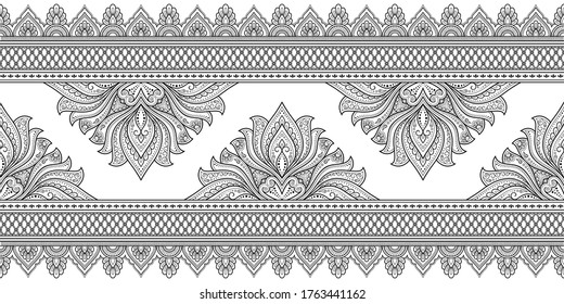 Seamless borders with mandala for design, application of henna, Mehndi and tattoo. Decorative pattern in ethnic oriental, Indian style. Doodle ornament. Outline hand draw vector illustration.