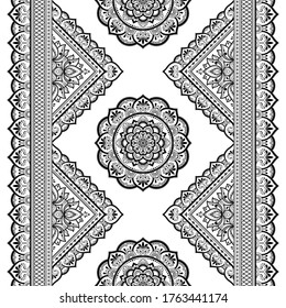 Fronteras sin inconvenientes con mandala para el diseño, aplicación de henna, Mehndi y tatuaje. Decoración de estilo étnico oriental, indio. Ornamento de perro. Ilustración vectorial de dibujo manual de contorno.