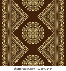 Fronteras sin inconvenientes con mandala para el diseño, aplicación de henna, Mehndi y tatuaje. Decoración de estilo étnico oriental, indio. Ornamento de perro. Ilustración vectorial de dibujo manual de contorno.