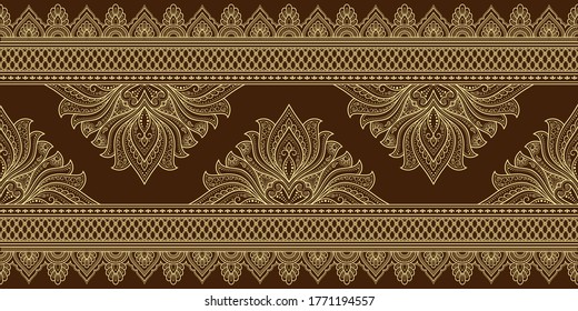 Seamless borders with mandala for design, application of henna, Mehndi and tattoo. Decorative pattern in ethnic oriental, Indian style. Doodle ornament. Outline hand draw vector illustration.