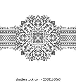 Seamless borders with mandala for design, application of henna, Mehndi and tattoo. Decorative pattern in ethnic oriental, Indian style. Doodle ornament. Outline hand draw vector illustration.