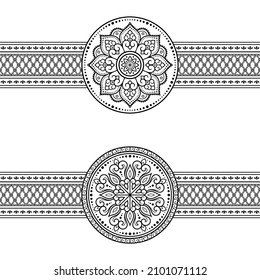 Fronteras sin inconvenientes con mandala para el diseño, aplicación de henna, Mehndi y tatuaje. Decoración de estilo étnico oriental, indio. Ornamento de perro. Ilustración vectorial de dibujo manual de contorno.