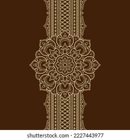 Fronteras sin inconvenientes con mandala para el diseño, aplicación de henna, Mehndi y tatuaje. Decoración de estilo étnico oriental, indio. Ornamento de perro. Ilustración vectorial de dibujo manual de contorno.