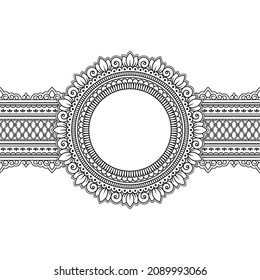 Bordes sin inconvenientes con marco de mandala para el diseño, aplicación de henna, Mehndi y tatuaje. Decoración de estilo étnico oriental, indio. Ornamento de perro. Ilustración vectorial de dibujo manual de contorno.