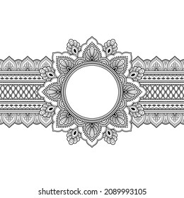 Seamless borders with mandala frame for design, application of henna, Mehndi and tattoo. Decorative pattern in ethnic oriental, Indian style. Doodle ornament. Outline hand draw vector illustration.