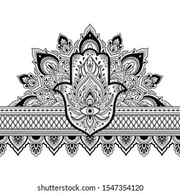 Seamless borders pattern with Mehndi flower and Hamsa for Henna drawing and tattoo. Decoration in ethnic oriental, Indian style. Doodle ornament. Outline hand draw vector illustration.