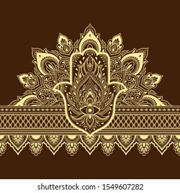 Seamless borders pattern with Mehndi flower and Hamsa for Henna drawing and tattoo. Decoration in ethnic oriental, Indian style. Doodle ornament. Outline hand draw vector illustration.