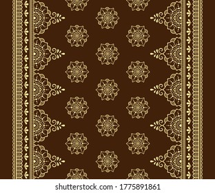 Seamless borders pattern with Mehndi flower for Henna drawing and tattoo. Decoration in ethnic oriental, Indian style. Doodle ornament. Outline hand draw vector illustration.