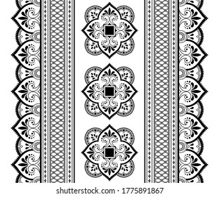 Seamless borders pattern with Mehndi flower for Henna drawing and tattoo. Decoration in ethnic oriental, Indian style. Doodle ornament. Outline hand draw vector illustration.