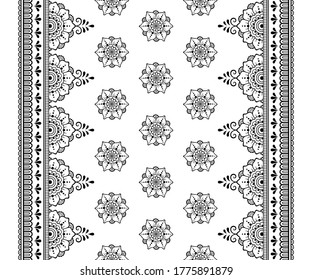 Patrón de fronteras sin foco con flor Mehndi para el dibujo y tatuaje de Henna. Decoración de estilo étnico oriental, indio. Ornamento de perro. Ilustración vectorial de dibujo manual de contorno.