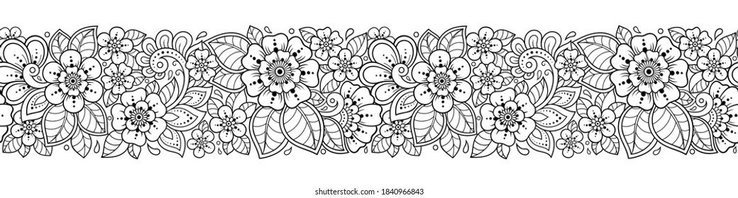 Seamless borders pattern with Mehndi flower for Henna drawing and tattoo. Decoration in ethnic oriental, Indian style. Doodle ornament. Outline hand draw vector illustration.