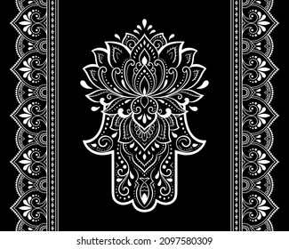 Seamless borders pattern with Mehndi flower and Hamsa for Henna drawing and tattoo. Decoration in ethnic oriental, Indian style. Doodle ornament. Outline hand draw vector illustration.