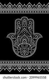 Seamless borders pattern with Mehndi flower and Hamsa for Henna drawing and tattoo. Decoration in ethnic oriental, Indian style. Doodle ornament. Outline hand draw vector illustration.