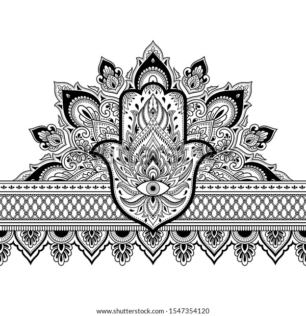 ヘナの絵と刺青のため メンディの花とハムサのシームレスな縁取り文様 東洋の民族的 インド風の装飾 落書き風装飾 アウトライン手描きのベクターイラスト のベクター画像素材 ロイヤリティフリー