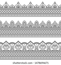 Seamless borders pattern for Mehndi, Henna drawing and tattoo. Decoration in ethnic oriental, Indian style. Doodle ornament. Outline hand draw vector illustration.