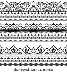 Seamless borders pattern for Mehndi, Henna drawing and tattoo. Decoration in ethnic oriental, Indian style. Doodle ornament. Outline hand draw vector illustration.