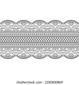 Seamless borders pattern for Mehndi, Henna drawing and tattoo. Decoration in ethnic oriental, Indian style. Doodle ornament. Outline hand draw vector illustration.