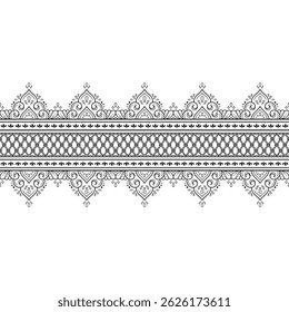 Padrão de bordas sem costura para Mehndi, Henna desenho e tatuagem. Decoração em estilo étnico oriental, indiano. Doodle ornamento. Ilustração vetorial de desenho à mão do contorno.