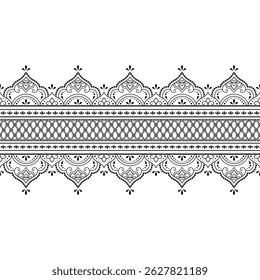 Padrão de bordas sem costura para Mehndi, Henna desenho e tatuagem. Decoração em estilo étnico oriental, indiano. Doodle ornamento. Ilustração vetorial de desenho à mão do contorno.