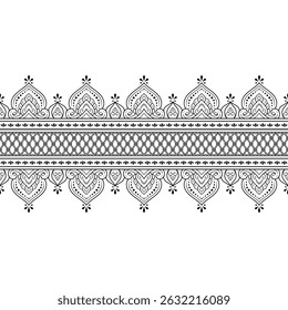 Padrão de bordas sem costura para Mehndi, Henna desenho e tatuagem. Decoração em estilo étnico oriental, indiano. Doodle ornamento. Ilustração vetorial de desenho à mão do contorno.