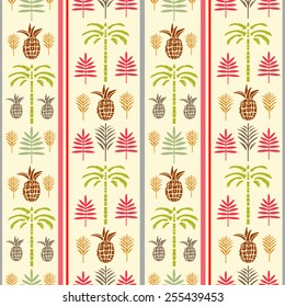 Seamless borders pattern with silhouettes tropical coconut palm trees, fruits pineapples, leaves. Summer repeating background. Natural print texture. Cloth design. Wallpaper, wrapping